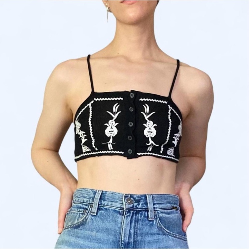 Black and White Embroidered Crop Top